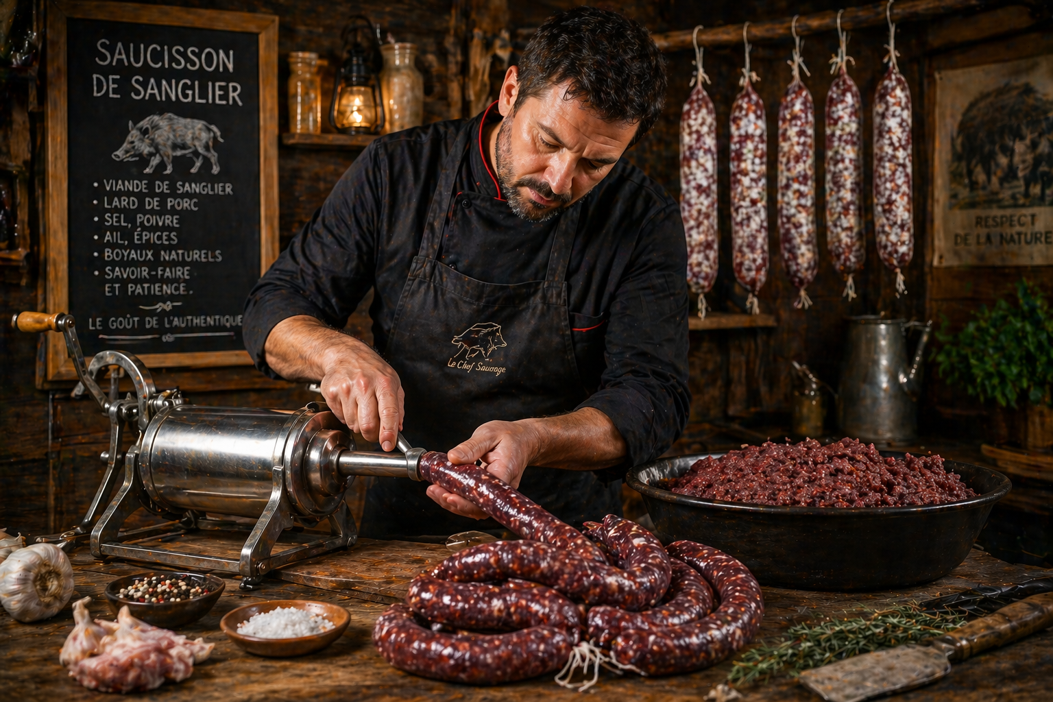 Découvrez comment faire du saucisson de sanglier : l'art du dosage 60/40, le secret d'un étuvage réussi et l'excellence d'un affinage sous la cendre.