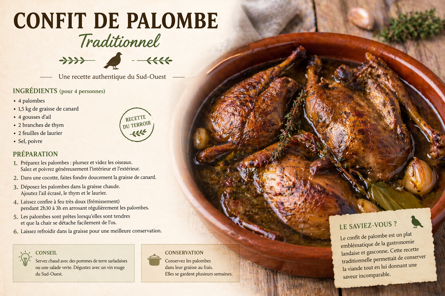 Découvrez comment faire le confit de palombe traditionnel : plumage à sec, cuisson lente en graisse de canard et stérilisation pour un régal du Sud-Ouest.