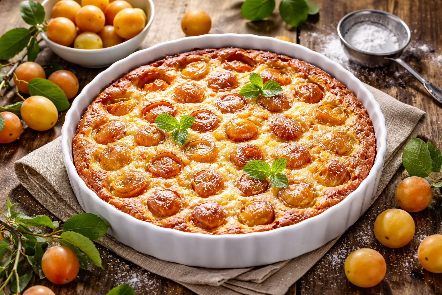 Sublimez vos mirabelles avec ce clafoutis onctueux. Découvrez les secrets d'une pâte fluide et d'une cuisson douce pour un dessert lorrain parfait.