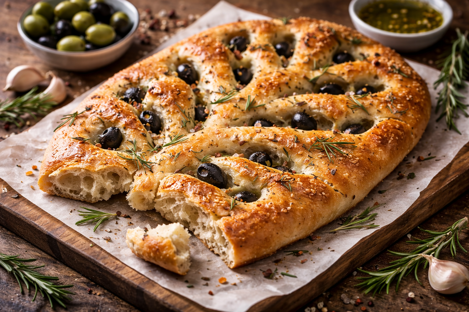 Découvrez cette recette fougasse aux olives : un pain doré et croustillant prêt en 30 minutes. Façonnez une mie moelleuse pour un apéritif d'exception.