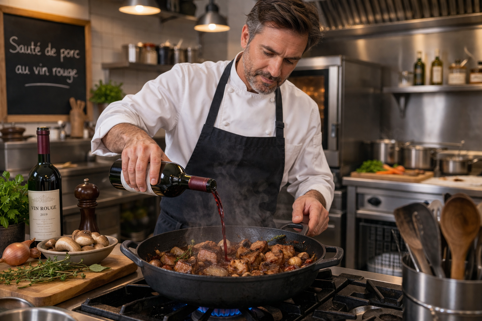 Sublimez votre sauté de porc au vin rouge : choisissez l'échine pour son fondant, un vin charpenté et maîtrisez le mijotage lent pour un plat d'exception.