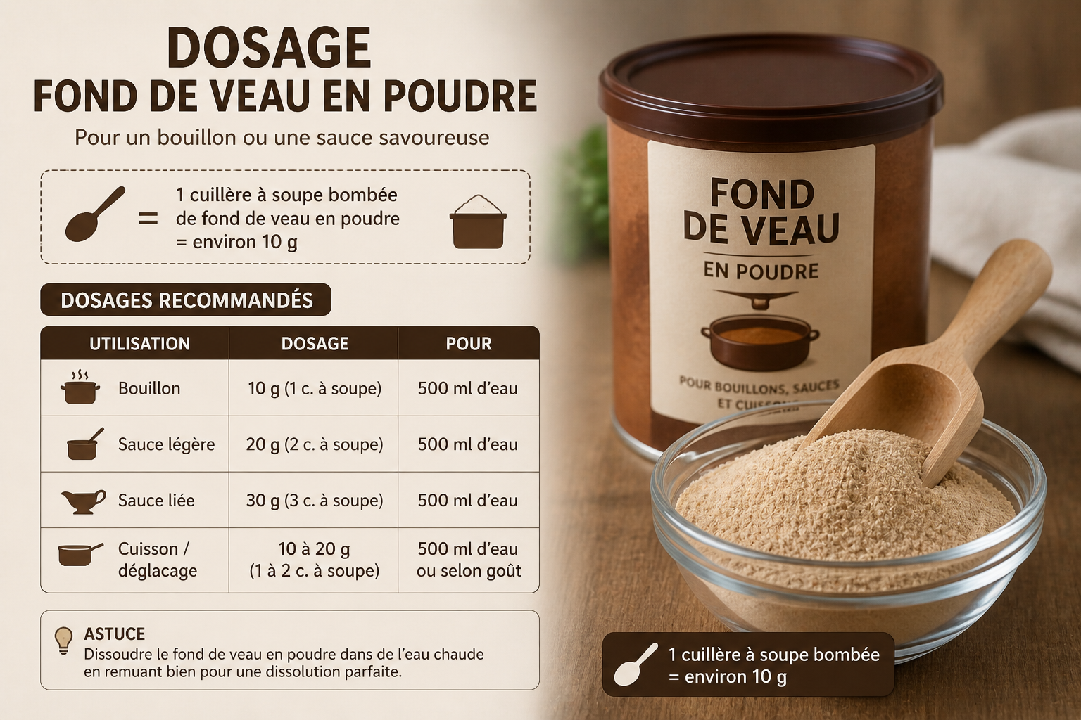Maîtrisez le dosage fond de veau en poudre : utilisez 1 cuillère à café pour 250 ml d'eau en 2026. Suivez nos secrets pour des sauces sans grumeaux.