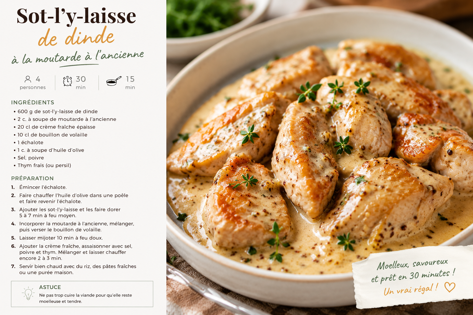Découvrez notre recette sot l y laisse de dinde rapide : un secret de gastronomie pour un plat tendre en 25 min. Osez l'excellence et cliquez ici !