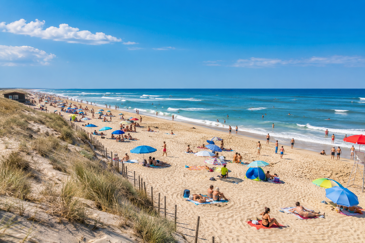 Découvrez la plage Contis : un écrin sauvage entre phare iconique et océan. Profitez d'une baignade surveillée et de surf au cœur des Landes.