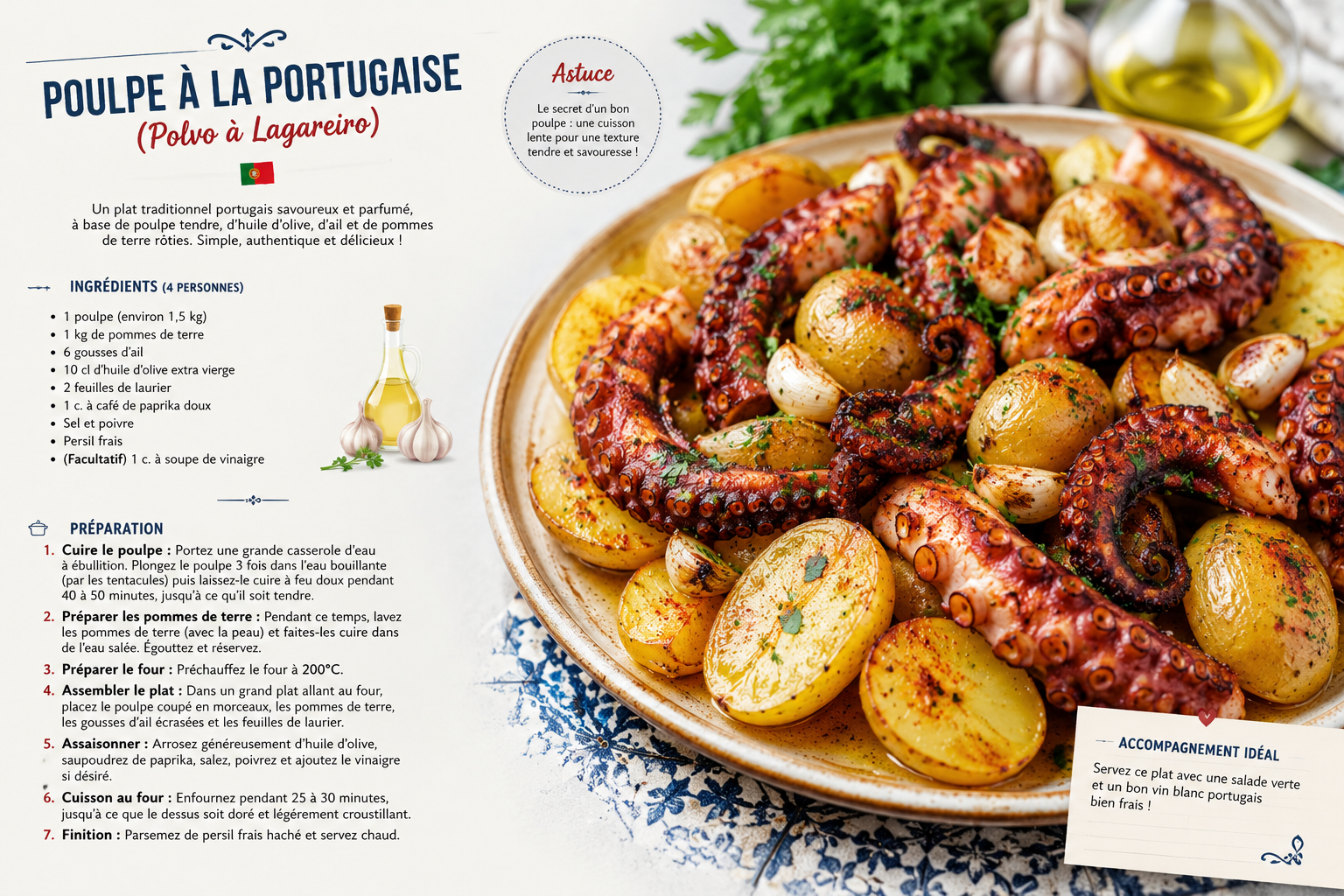 Découvrez l'art de la recette de poulpe à la portugaise : maîtrisez le rituel du Polvo à Lagareiro pour une chair fondante et des tentacules dorés.